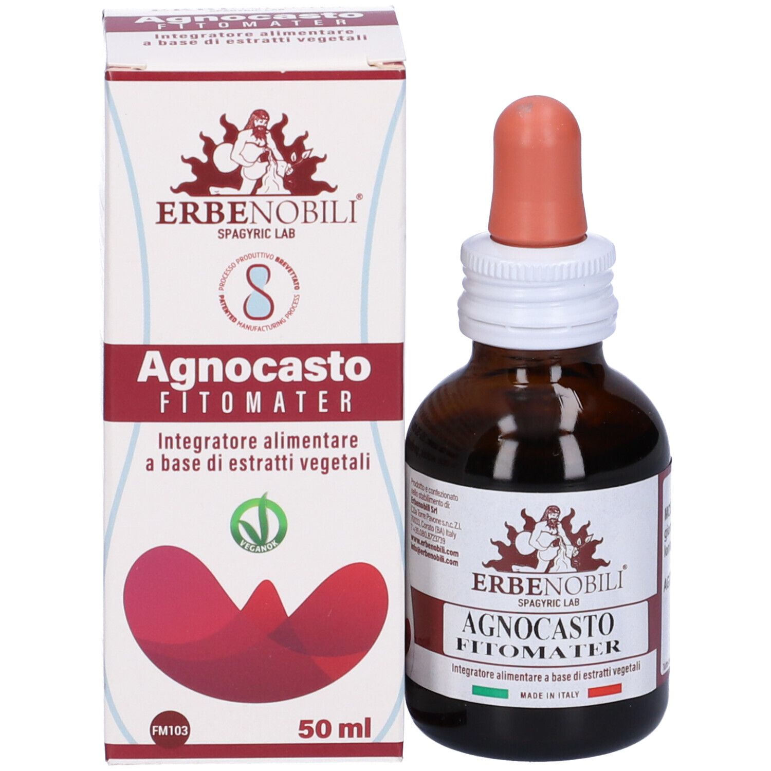 Produktpräsentation: Flasche mit Tropfer und Verpackung. Auf der Verpackung: Produktname, Logo ERBENOBILI® und 50 ml.