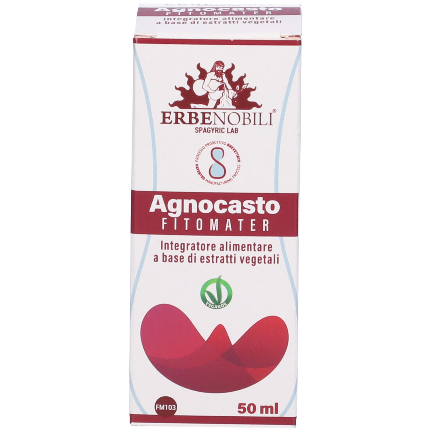 Verpackung. Produktname Agnocasto Fitomater, Logo ERBENOBILI® und Volumenangabe 50 ml.