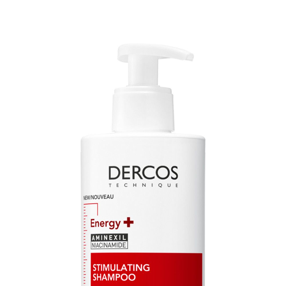 Gros plan sur la partie supérieure du shampoing Vichy Dercos Energy+ avec pompe.