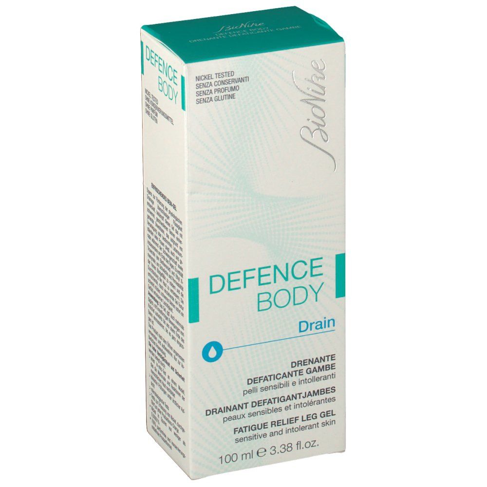 BioNike Defence Body Drain. Weiße Verpackung mit türkisfarbenen Akzenten. Text: Defence Body, Drain, Fatigue Relief Leg Gel. 100 ml.