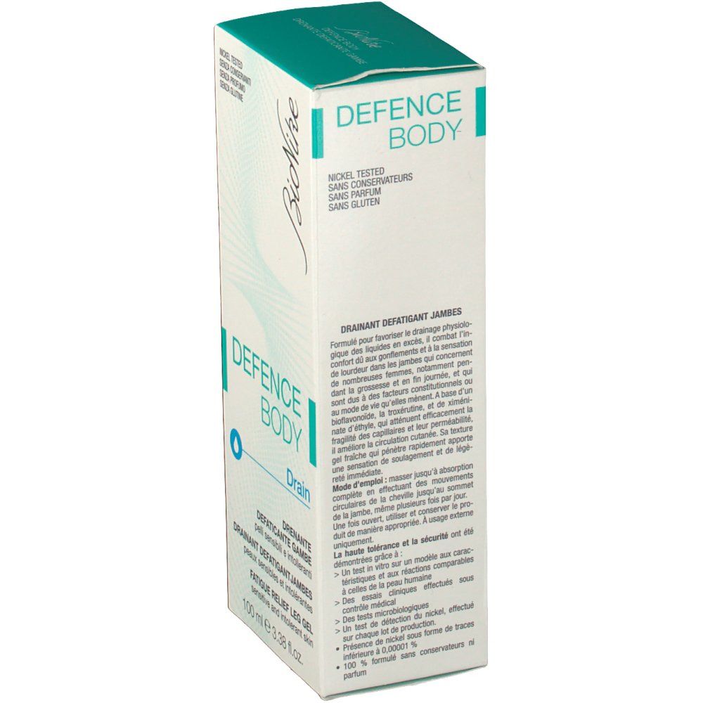 BioNike Defence Body Drain Verpackung. Weiß mit türkisfarbenem Deckel. Text: Defence Body, Drain, Nickel Tested, Gluten Free. Rückseite mit Text.