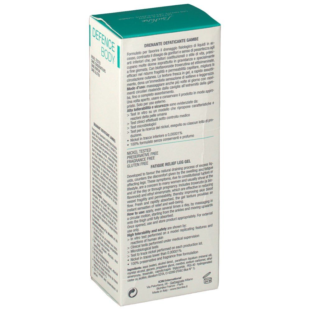 BioNike Defence Body Drain Verpackung. Weiß mit türkisfarbenem Deckel. Text: Defence Body, Drain, Fatigue Relief Leg Gel. Rückseite mit Text.