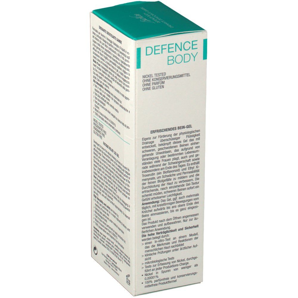 BioNike Defence Body Drain Verpackung. Weiß mit türkisfarbenem Deckel. Text: Defence Body, Drain, Erfrischendes Bein-Gel. Rückseite mit Text.