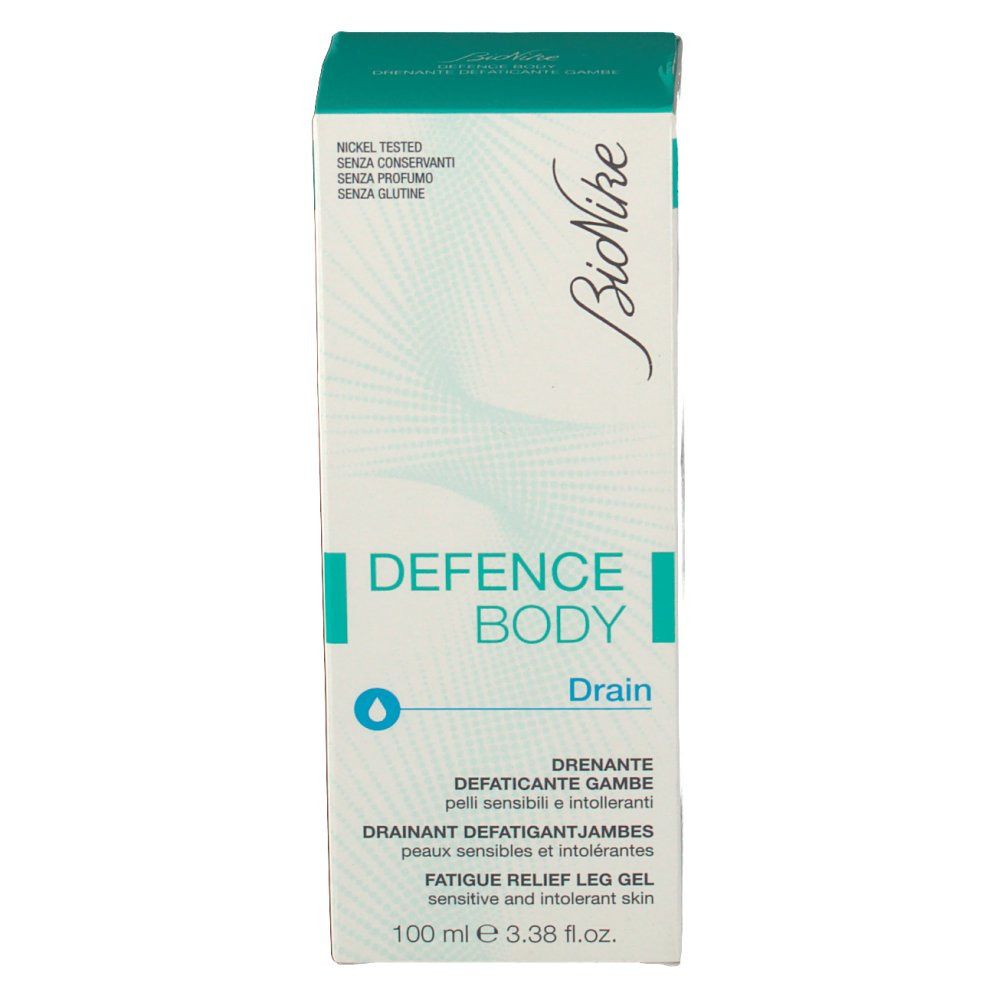 BioNike Defence Body Drain. Weiße Verpackung mit türkisfarbenen Akzenten. Text: Defence Body, Drain, Fatigue Relief Leg Gel. 100 ml.
