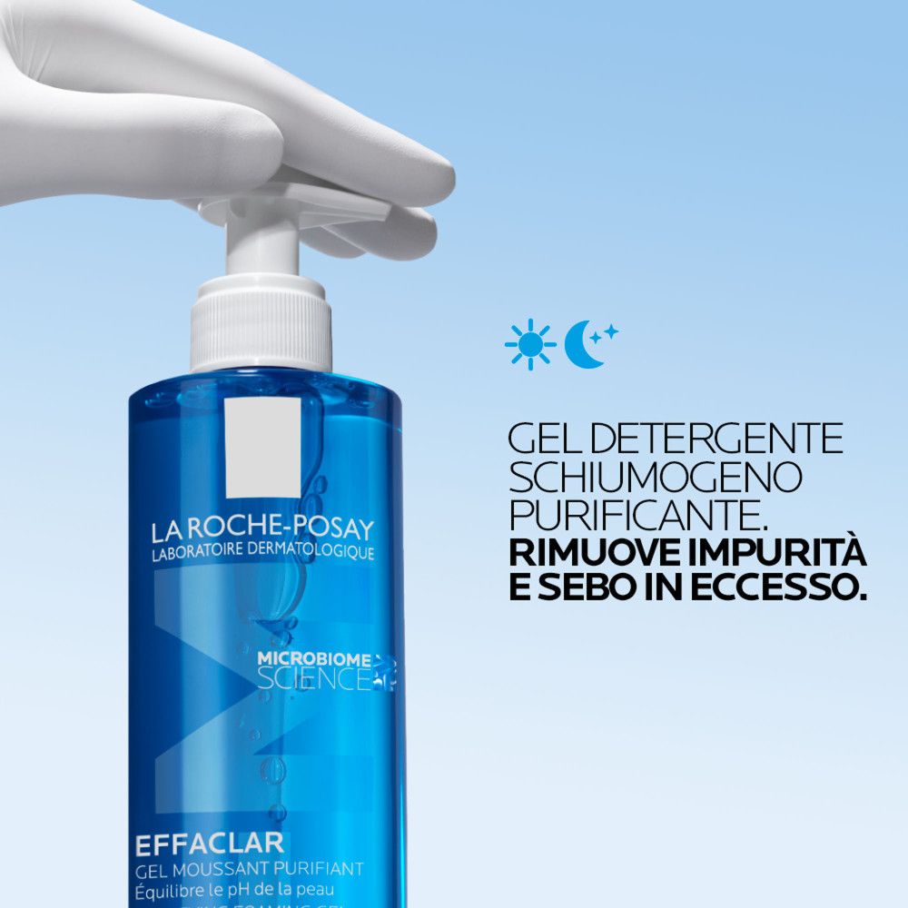 La Roche-Posay Effaclar Reinigungsgel mit Pumpe, mit Text über die Entfernung von Unreinheiten.