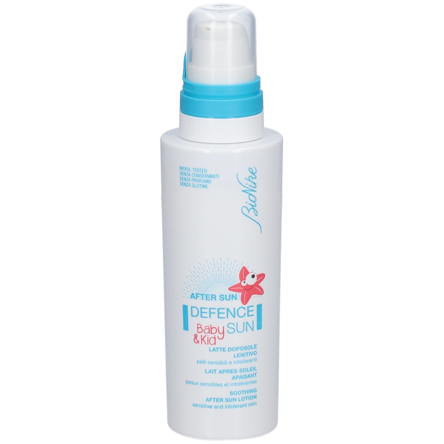 Flacon blanc avec pompe bleue. Inscription: After Sun Defence Baby & Kid. Illustration d'étoile de mer.