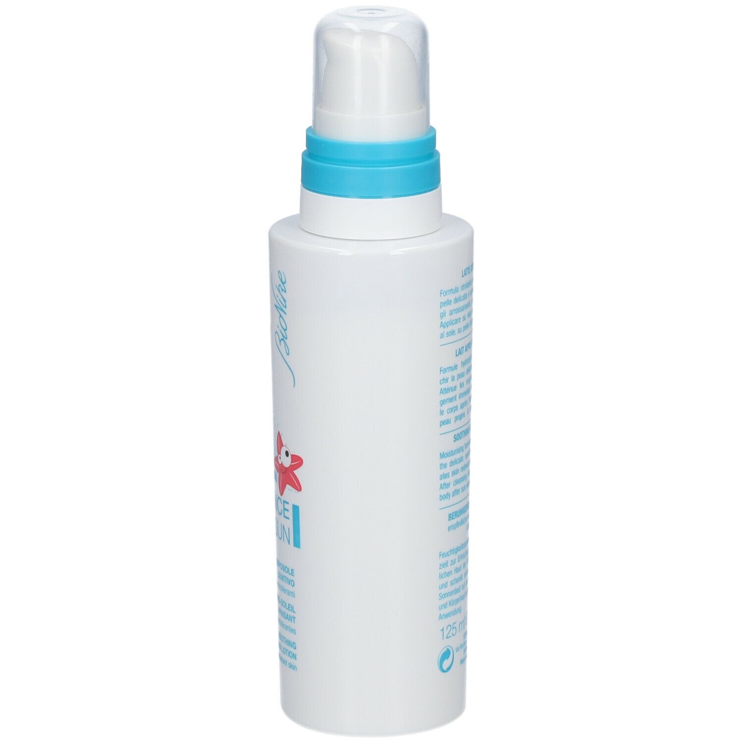 Flacon blanc avec pompe bleue. Inscription: After Sun Defence Baby & Kid. Volume: 125 ml.