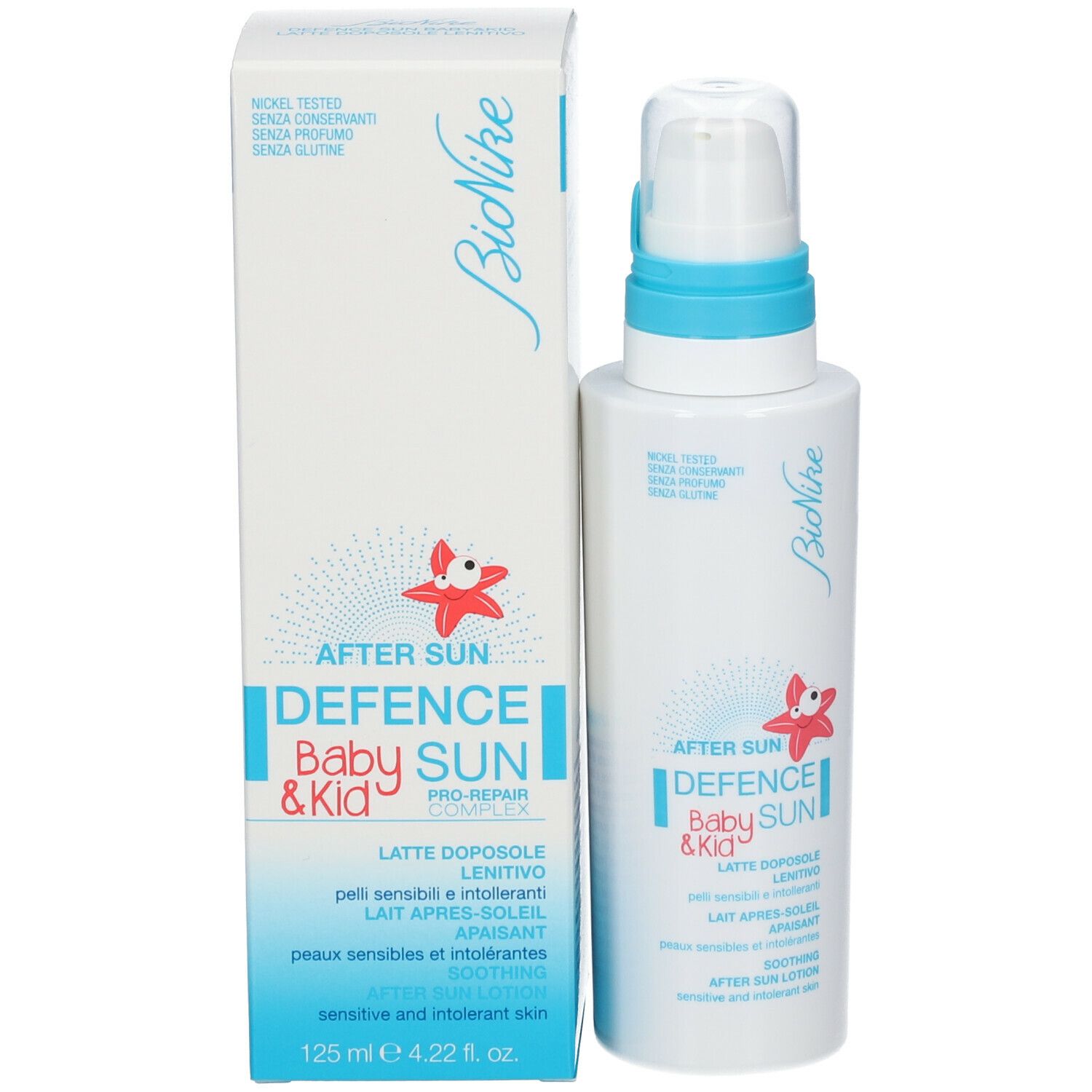 Flacon blanc et carton. Inscription: After Sun Defence Baby & Kid. Marque Bionike. Volume: 125 ml.
