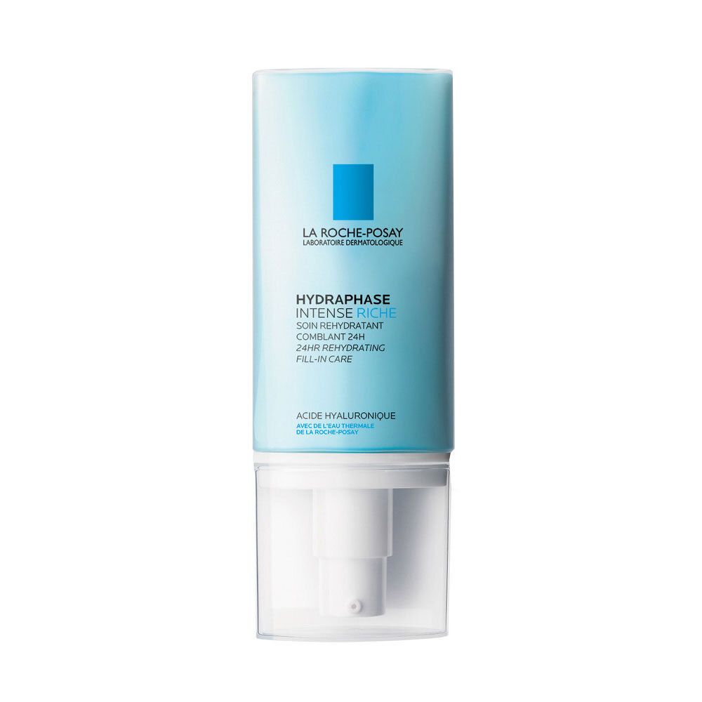 Hellblaue Tube mit weißem Spender. Aufschrift: La Roche-Posay, HYDRAPHASE INTENSE RICHE, 24H rehydratisierend, Fill-in Care.