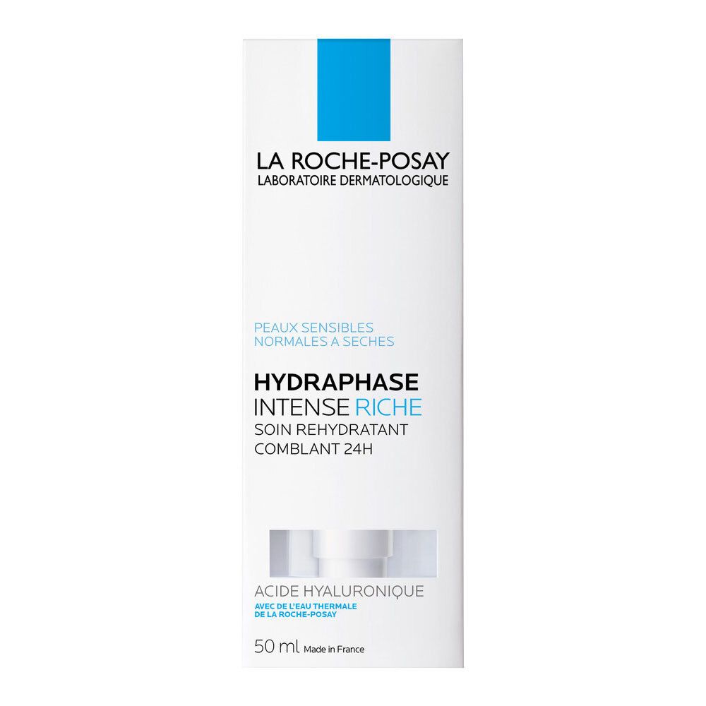 Weiße Verpackung mit blauem Logo. Aufschrift: La Roche-Posay, HYDRAPHASE INTENSE RICHE, für empfindliche, normale bis trockene Haut.
