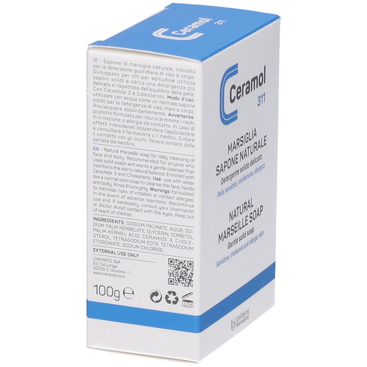 Dos de la boîte de Ceramol 311 Marsiglia Sapone Naturale. Texte multilingue. Poids : 100g.