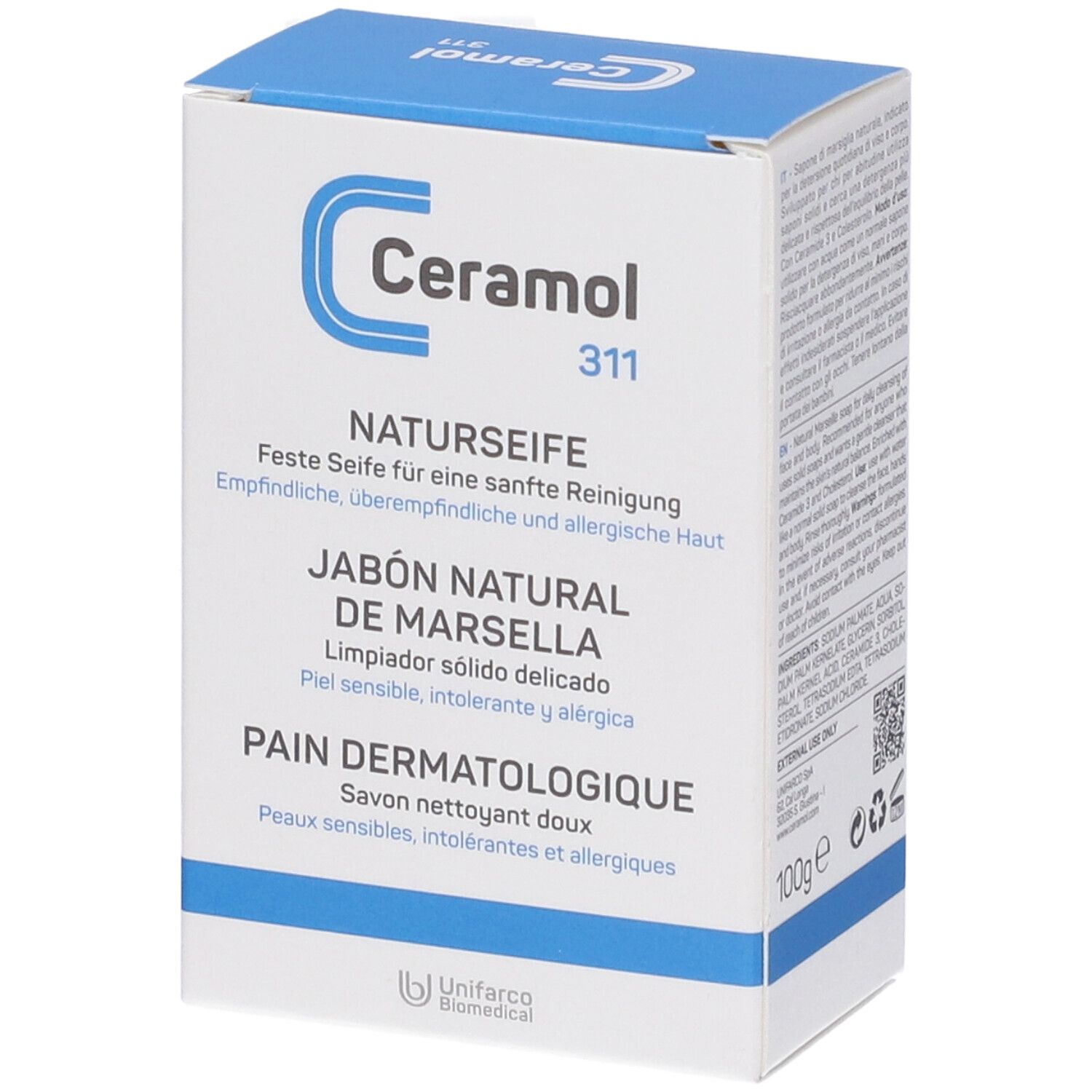 Boîte de Ceramol 311 Naturseife. Carton blanc et bleu. Nom du produit et description en allemand, espagnol et français.