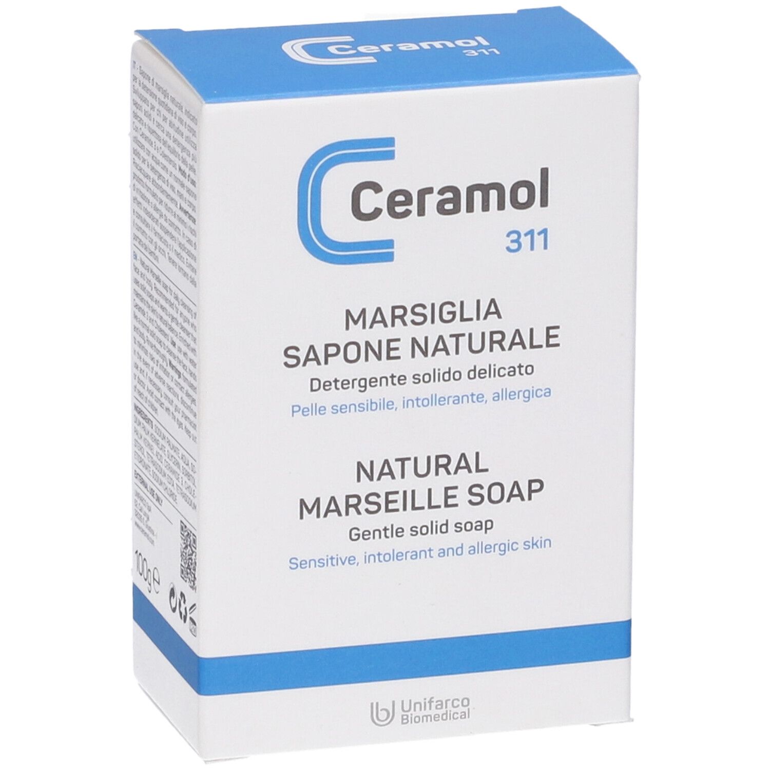 Boîte de Ceramol 311 Marsiglia Sapone Naturale. Carton blanc et bleu. Nom du produit et description. Poids : 100g.