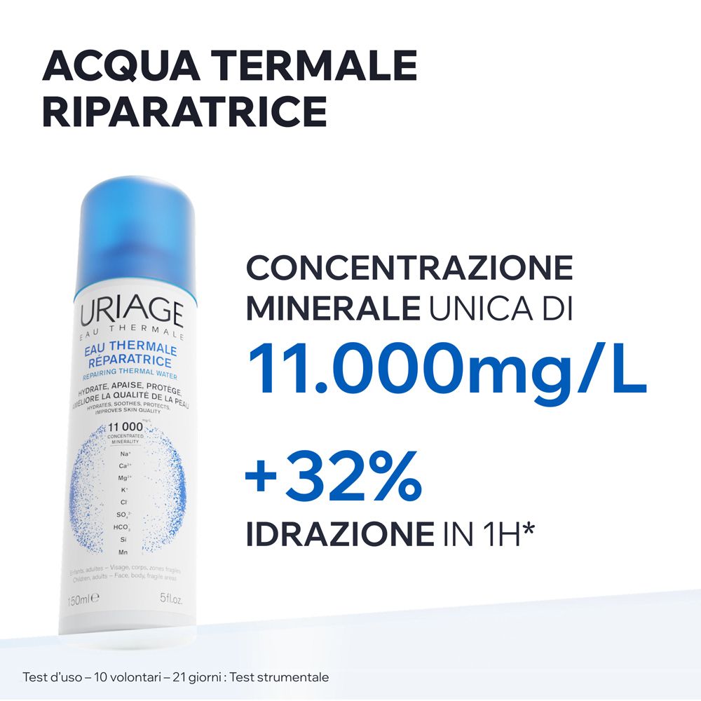 Spray Uriage Eau Thermale. Texte: Aqua Termale Riparatrice, 11 000 mg/L minéraux, +32% hydratation en 1H. Fond blanc.