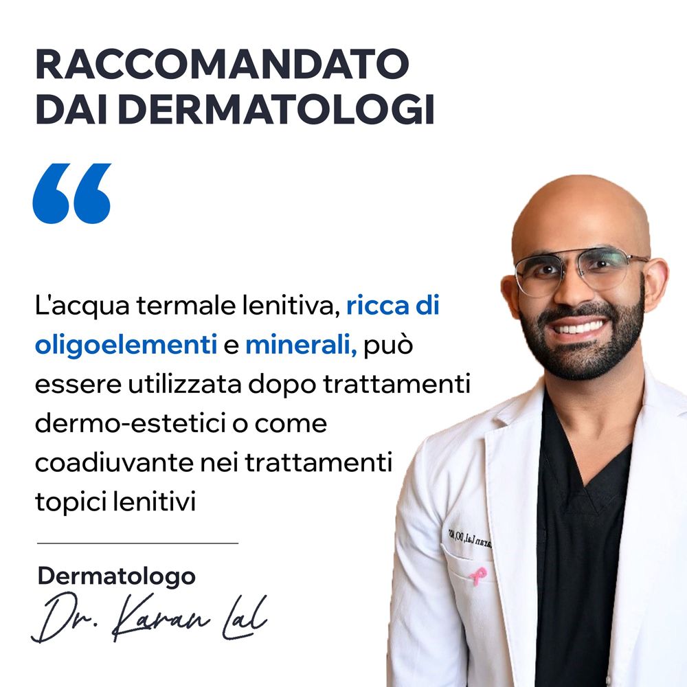 Médecin avec lunettes. Texte: Recommandé par les dermatologues. Citation sur l'eau thermale. Dr. Karan Lal, dermatologue.