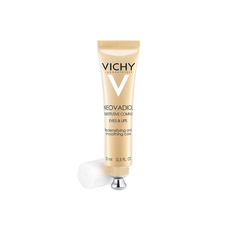 Beige Tube mit silberner Spitze und weißem Deckel. Aufschrift: Vichy, Neovadiol Eyes & Lips.