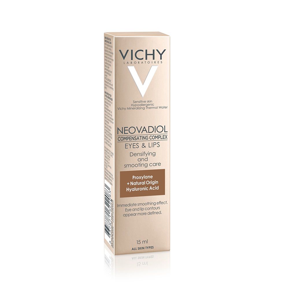 Karton mit Vichy-Logo und Produktnamen Neovadiol Eyes & Lips. Enthält 15 ml. Für alle Hauttypen.
