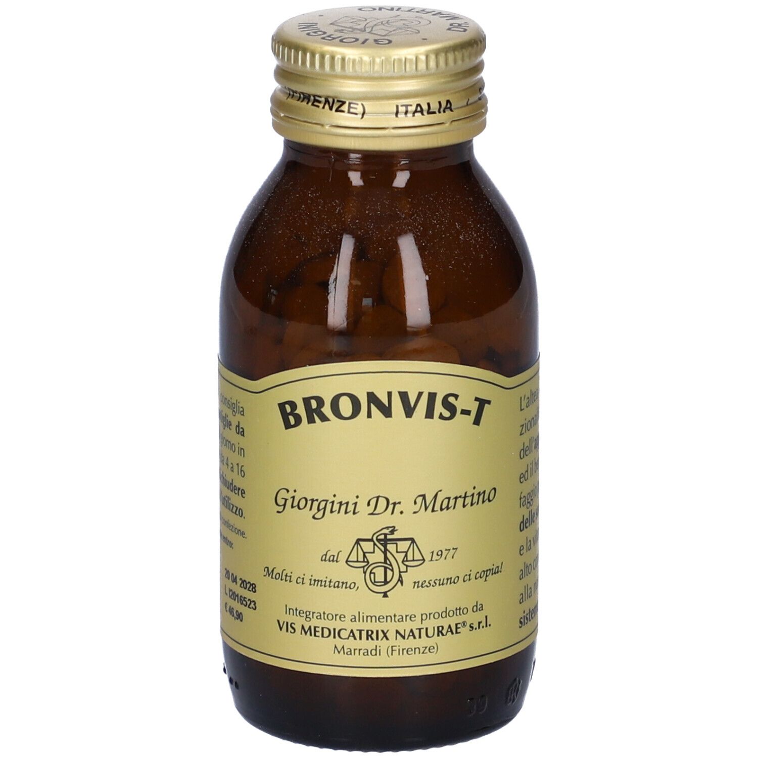 Braune Glasflasche mit Tabletten. Aufschrift: Bronvis-T, Giorgini Dr. Martino. Goldfarbener Deckel.