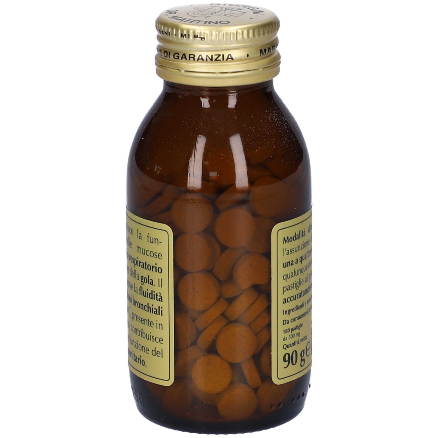 Braune Glasflasche mit Tabletten. Aufschrift: Bronvis-T, Giorgini Dr. Martino. Rückseite mit Text.