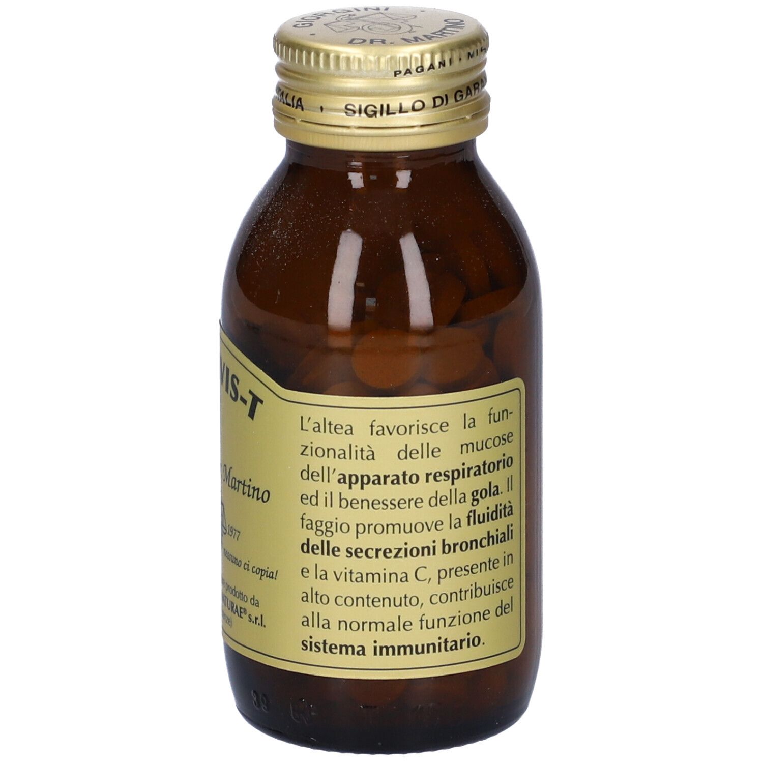 Braune Glasflasche mit Tabletten. Aufschrift: Bronvis-T, Giorgini Dr. Martino. Rückseite mit Text.