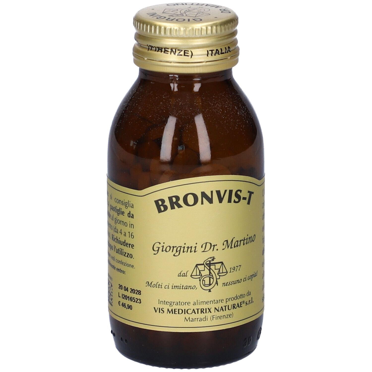 Braune Glasflasche mit Tabletten. Aufschrift: Bronvis-T, Giorgini Dr. Martino. Rückseite mit Text.