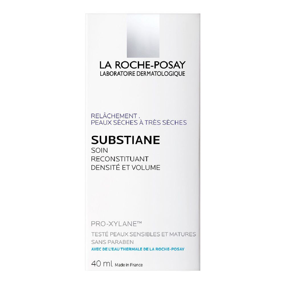 La Roche-Posay Substiane. Emballage blanc avec informations produit. Texte: RELÂCHEMENT, PEAUX SÈCHES À TRÈS SÈCHES. 40 ml.