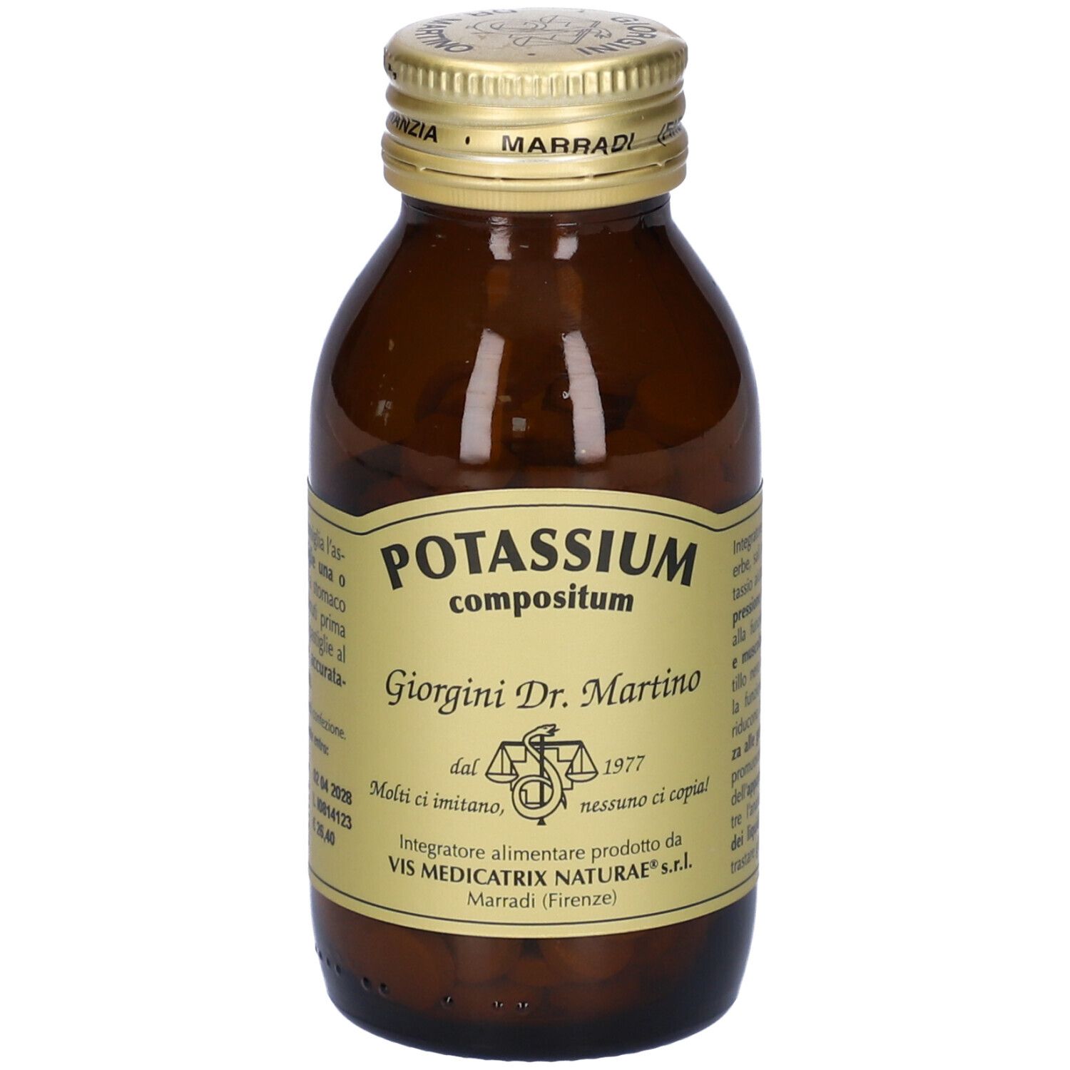 Braune Glasflasche mit goldfarbenem Deckel. Aufschrift: Potassium Compositum, Giorgini Dr. Martino. Etikett mit Text.