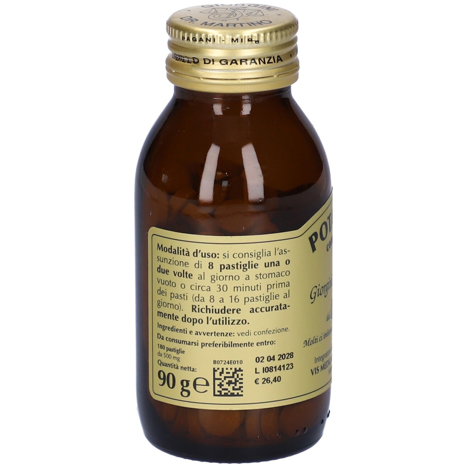 Braune Glasflasche mit goldfarbenem Deckel. Aufschrift: Potassium Compositum, Giorgini Dr. Martino. Etikett mit Text.