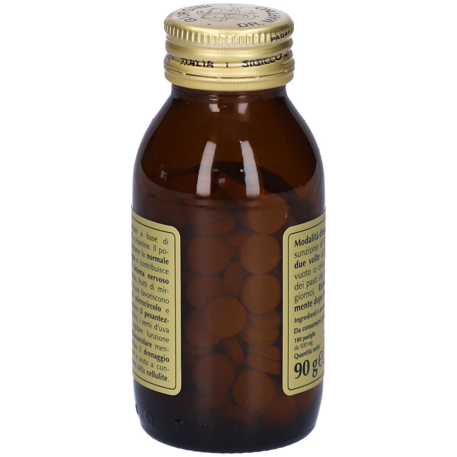 Braune Glasflasche mit goldfarbenem Deckel. Aufschrift: Potassium Compositum, Giorgini Dr. Martino. Etikett mit Text.