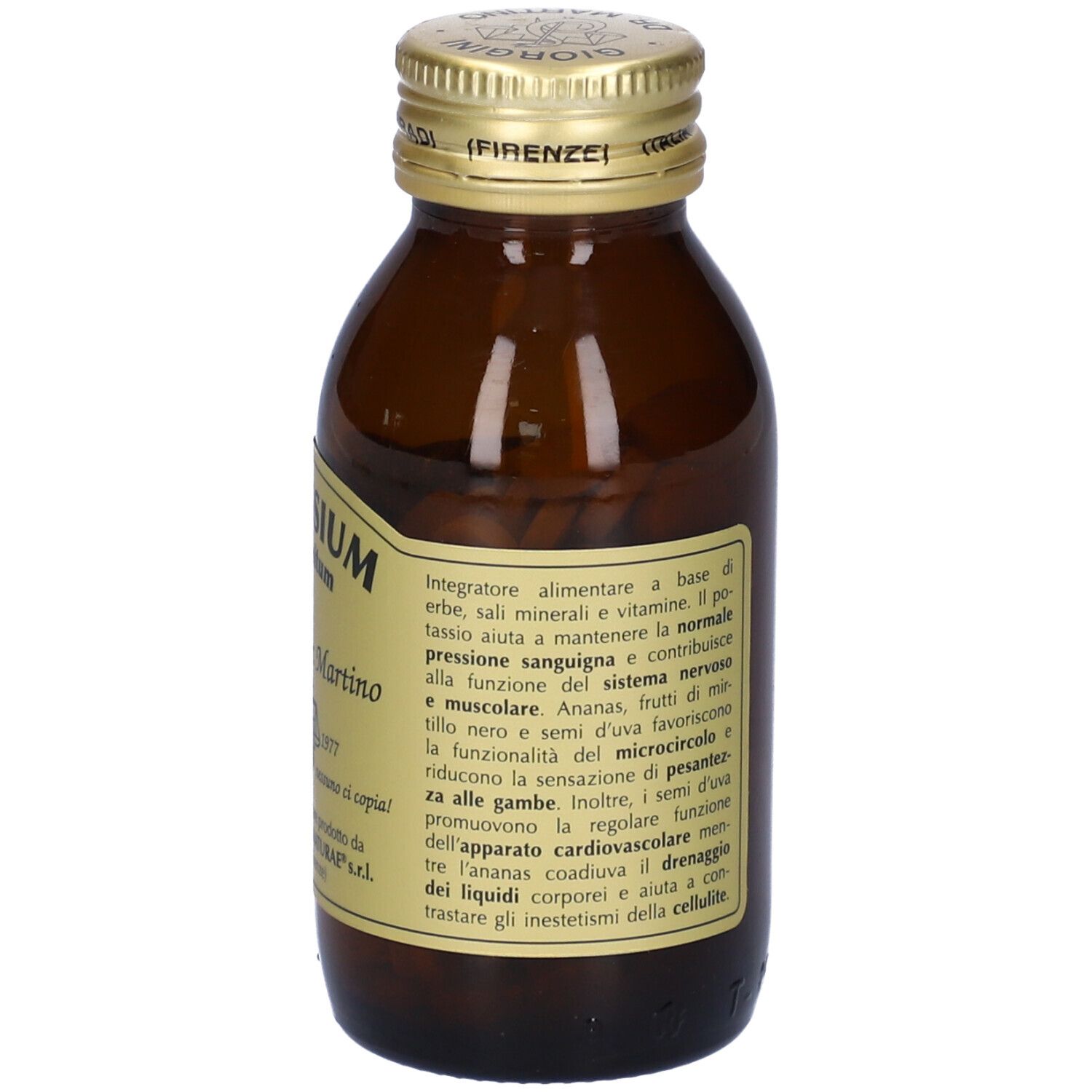 Braune Glasflasche mit goldfarbenem Deckel. Aufschrift: Potassium Compositum, Giorgini Dr. Martino. Etikett mit Text.