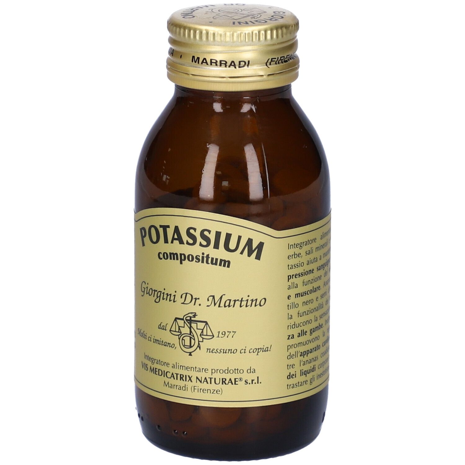 Braune Glasflasche mit goldfarbenem Deckel. Aufschrift: Potassium Compositum, Giorgini Dr. Martino. Etikett mit Text.