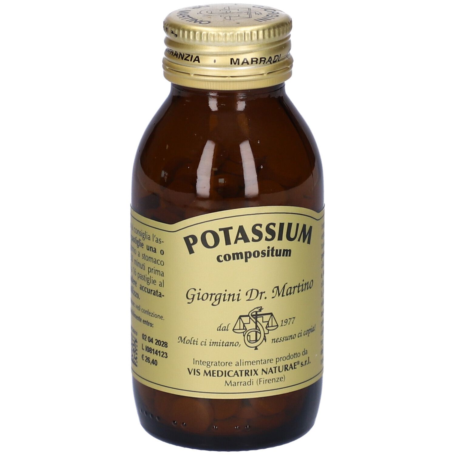 Braune Glasflasche mit goldfarbenem Deckel. Aufschrift: Potassium Compositum, Giorgini Dr. Martino. Etikett mit Text.