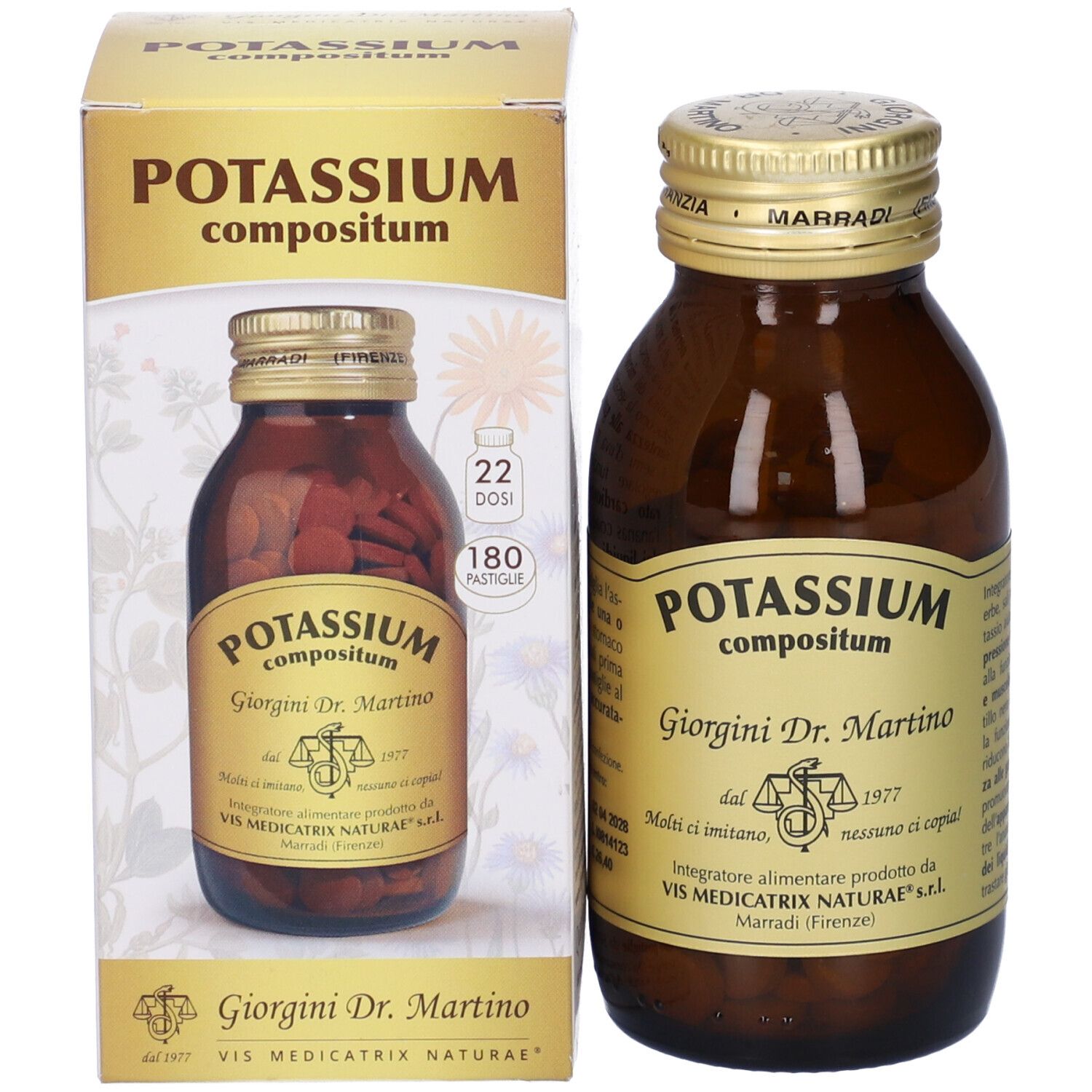 Braune Glasflasche und Karton mit Produktaufdruck. Aufschrift: Potassium Compositum, Giorgini Dr. Martino. 180 Pastiglie.
