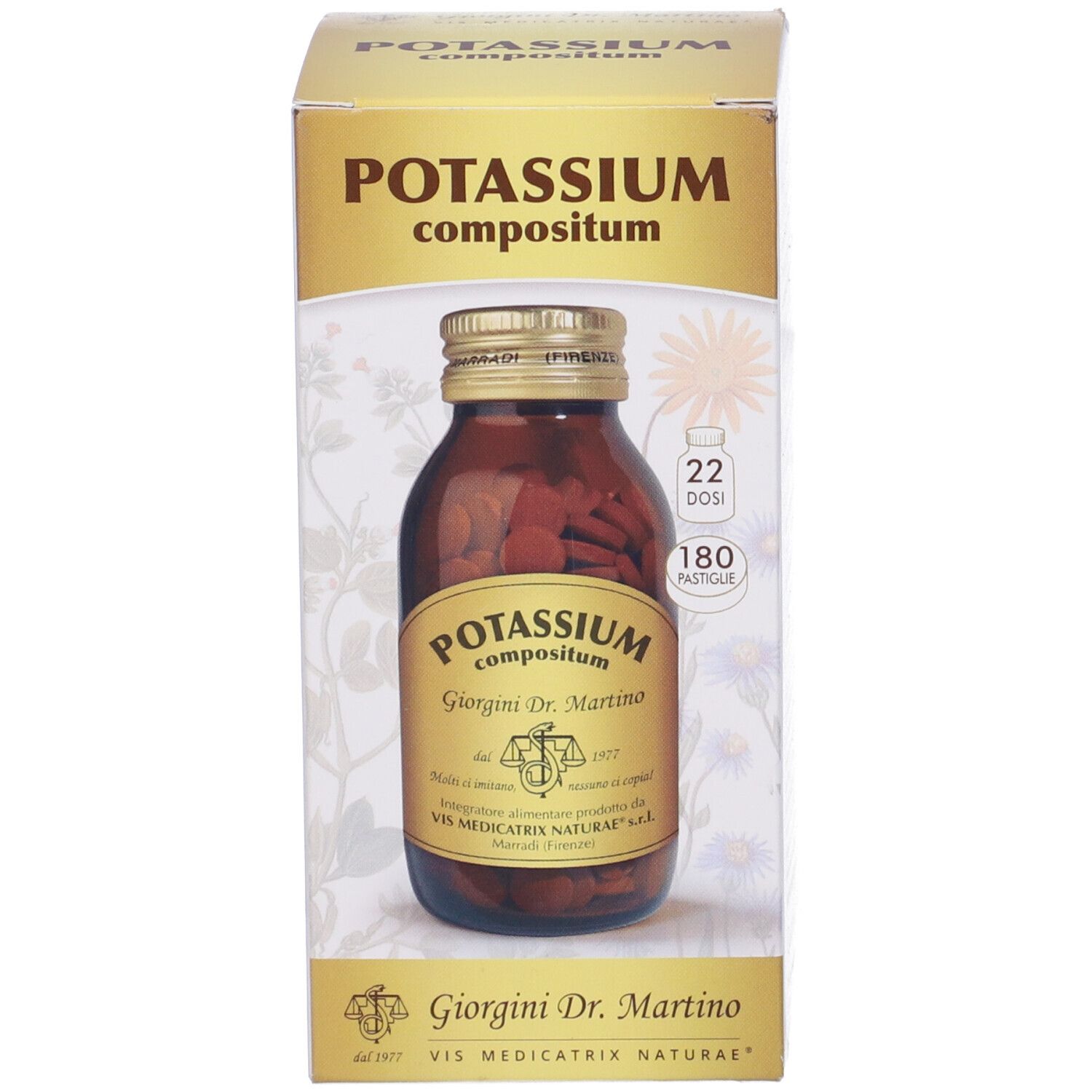 Karton mit Produktaufdruck. Aufschrift: Potassium Compositum, Giorgini Dr. Martino. 180 Pastiglie. Flasche sichtbar.