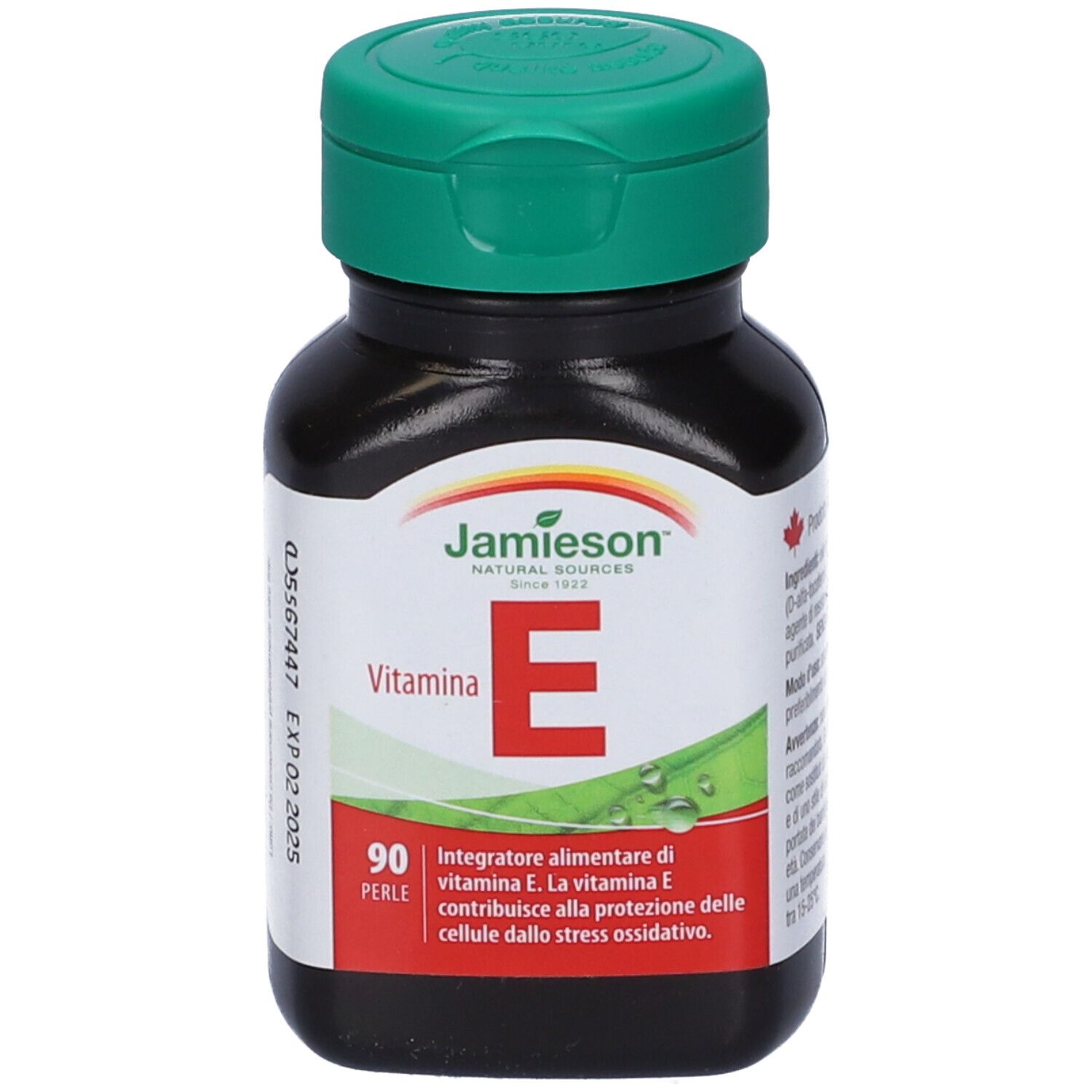 Braune Flasche mit grünem Deckel. Aufschrift: Jamieson, Vitamin E, 90 Perlen. Italienischer Text.