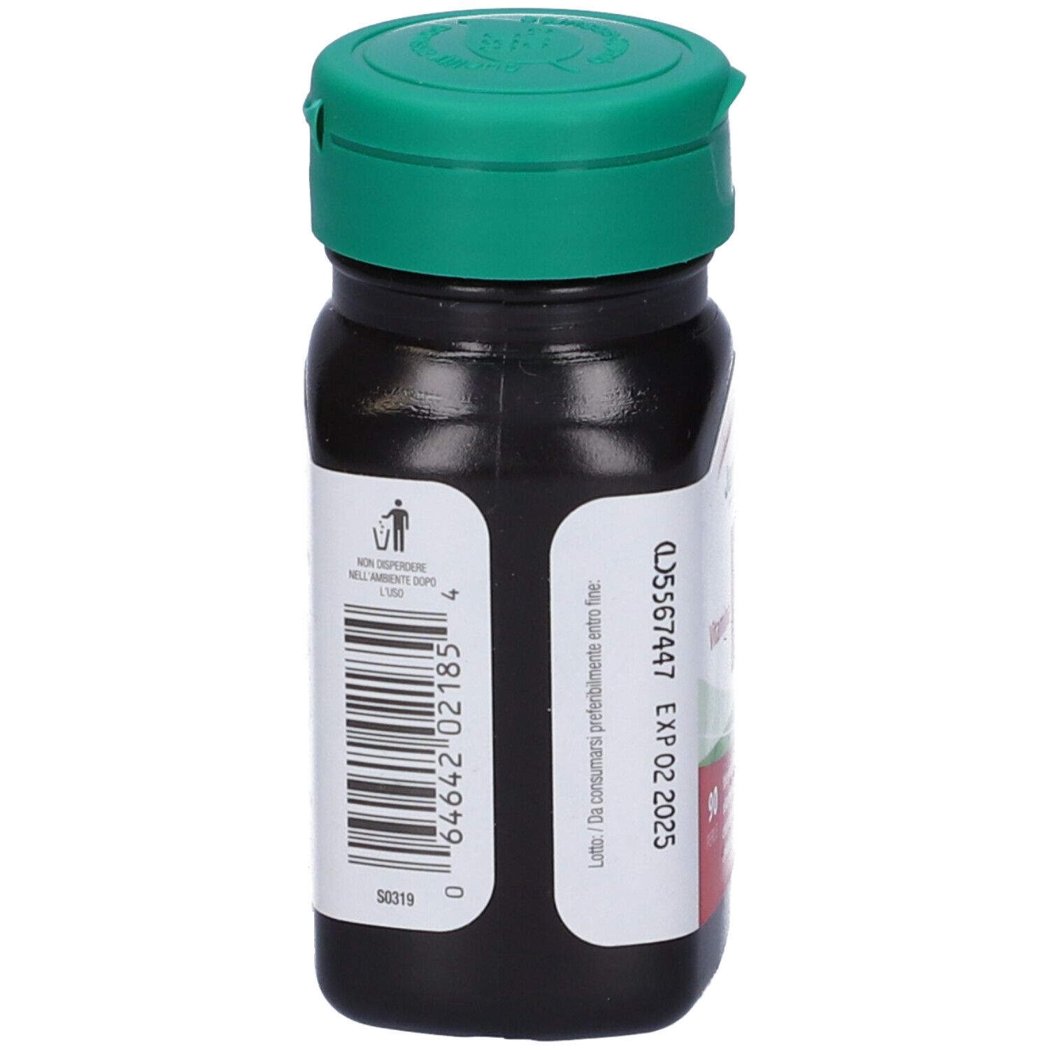 Braune Flasche, grüner Deckel. Barcode und Text auf weißem Etikett. Text in italienischer Sprache.