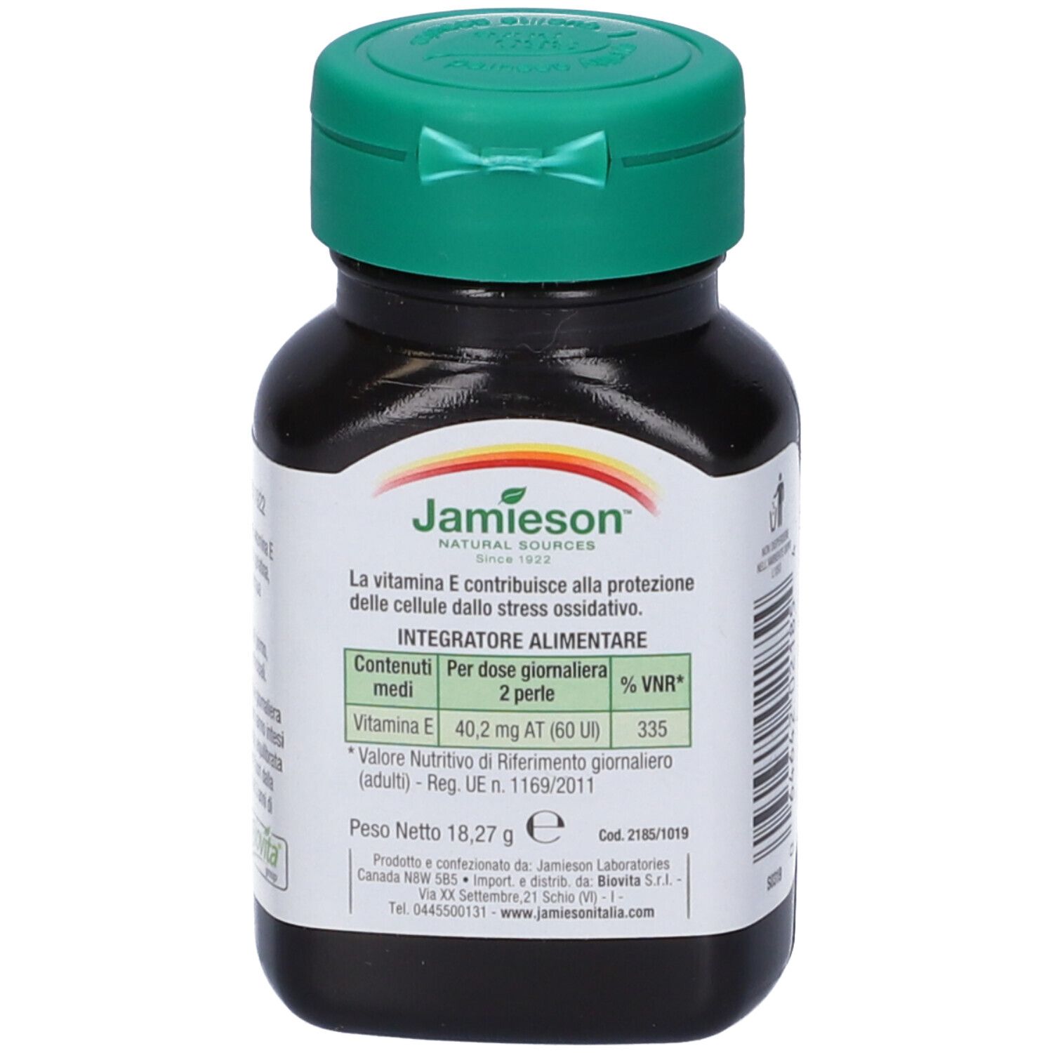 Braune Flasche mit grünem Deckel. Aufschrift: Jamieson, Vitamin E. Italienischer Text mit Inhaltsangaben.