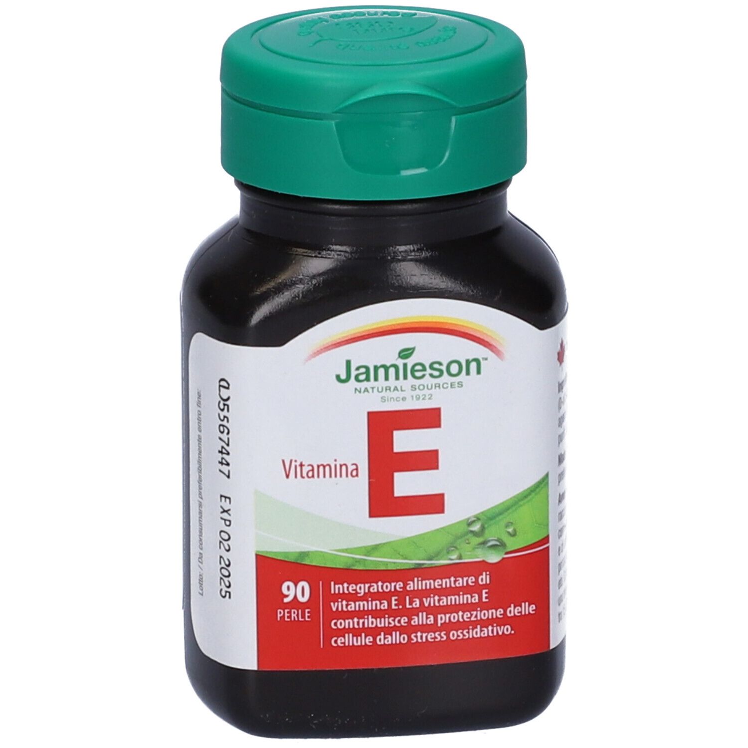 Braune Flasche mit grünem Deckel. Aufschrift: Jamieson, Vitamin E, 90 Perlen. Italienischer Text.