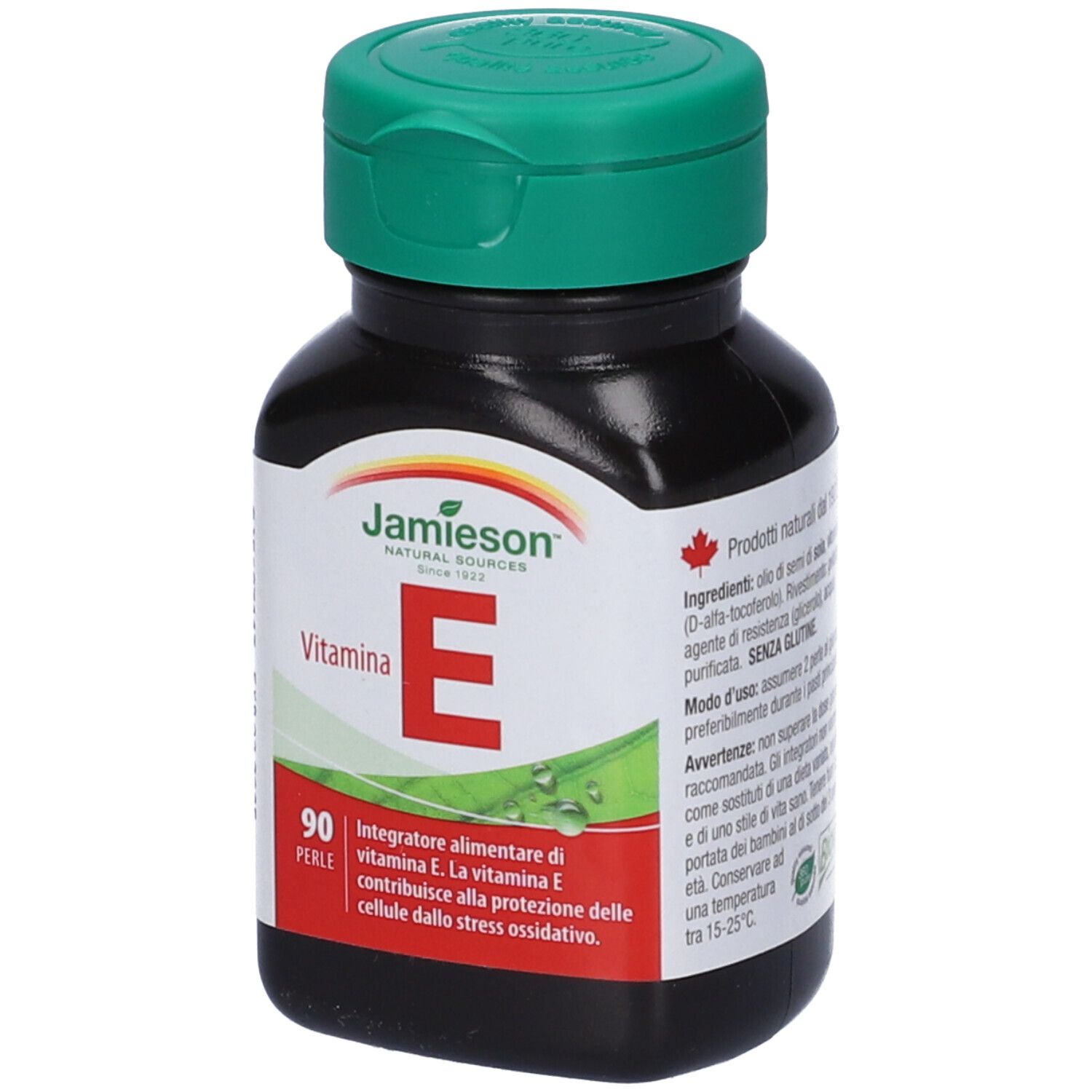 Braune Flasche mit grünem Deckel. Aufschrift: Jamieson, Vitamin E, 90 Perlen. Italienischer Text.