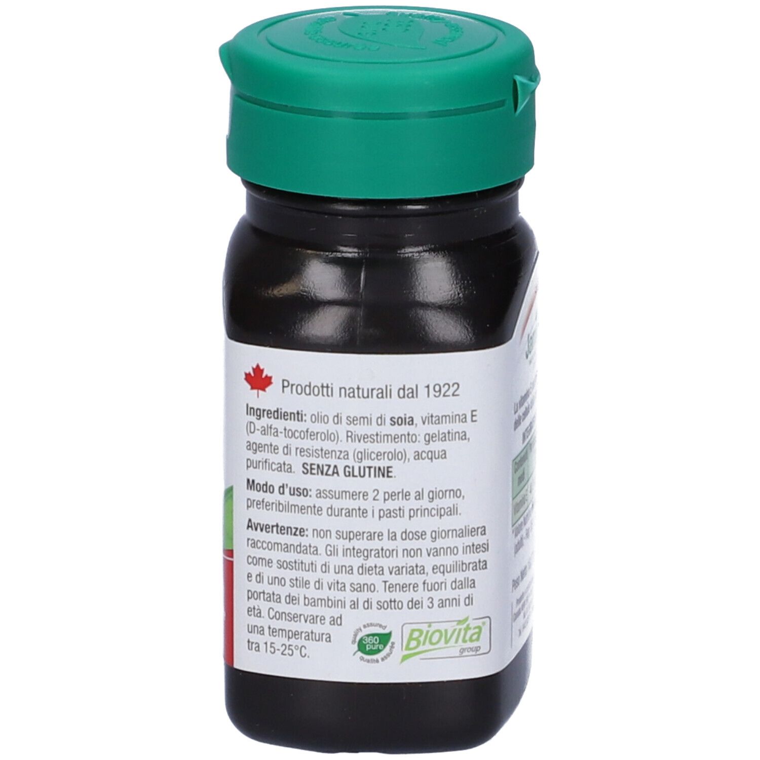 Braune Flasche mit grünem Deckel. Rückseite mit Inhaltsstoffen und Gebrauchsanweisung. Italienischer Text.