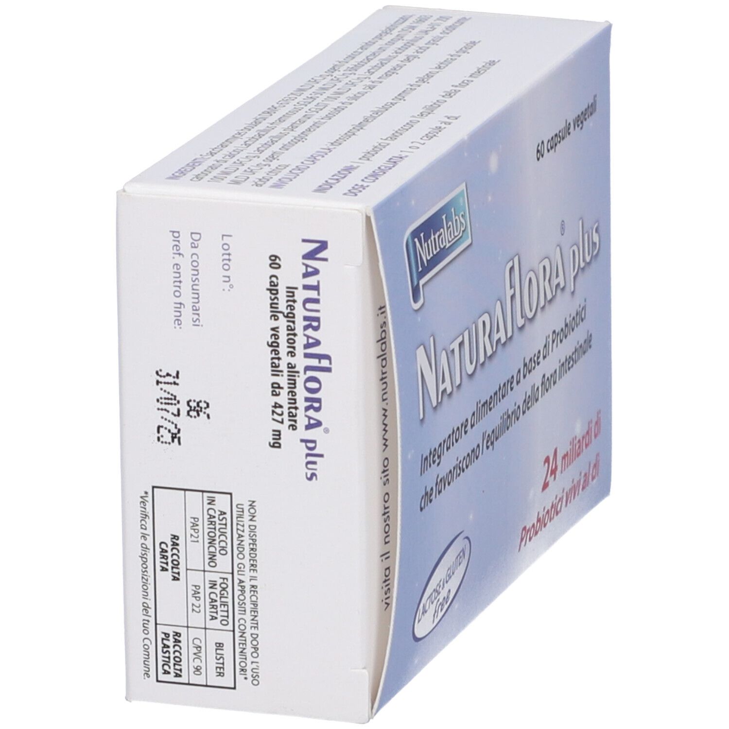 Schachtel Naturaflora® Plus, 60 vegetarische Kapseln. Aufdruck mit Verfallsdatum 31/07/25. Enthält Informationen zur Entsorgung.