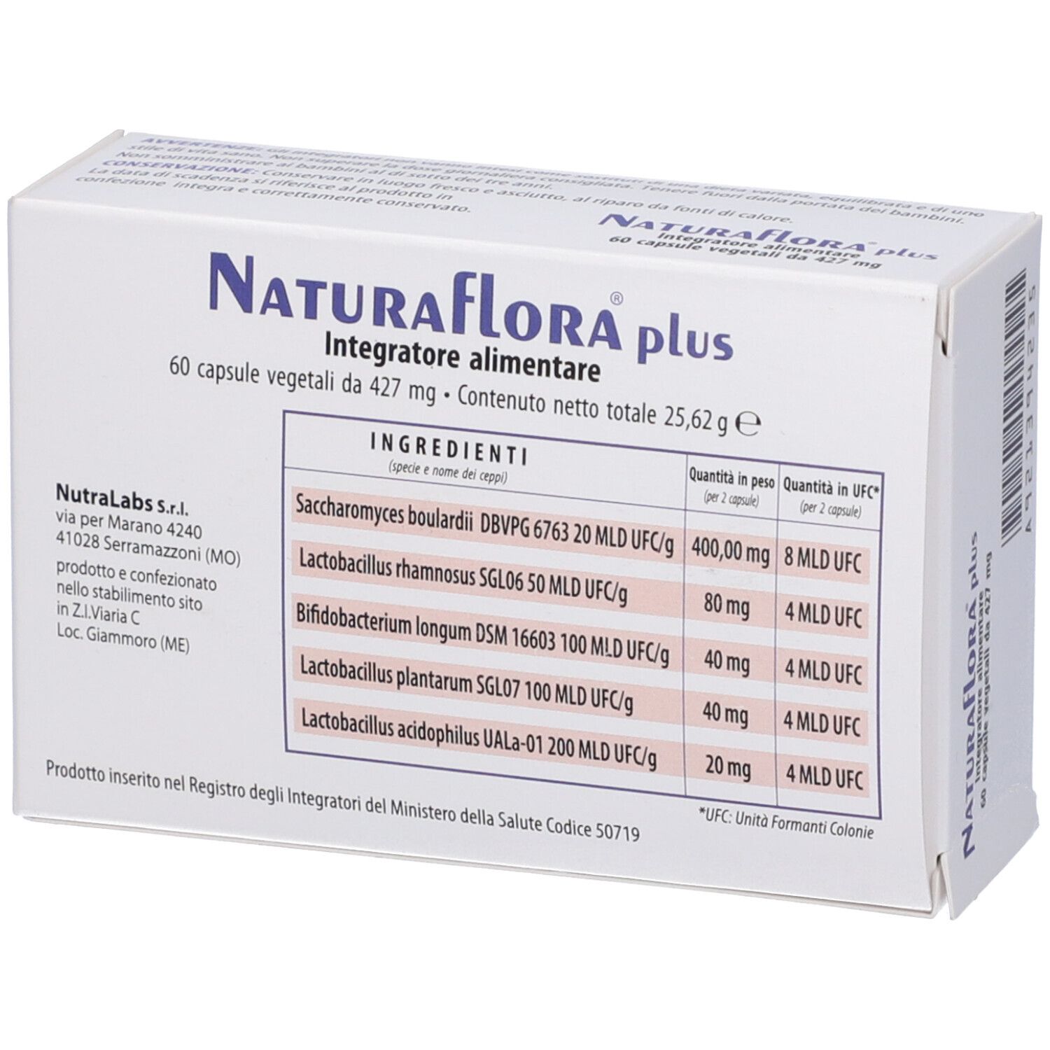 Schachtel Naturaflora® Plus. 60 vegetarische Kapseln. Zutatenliste mit Mengenangaben. Enthält Probiotika.