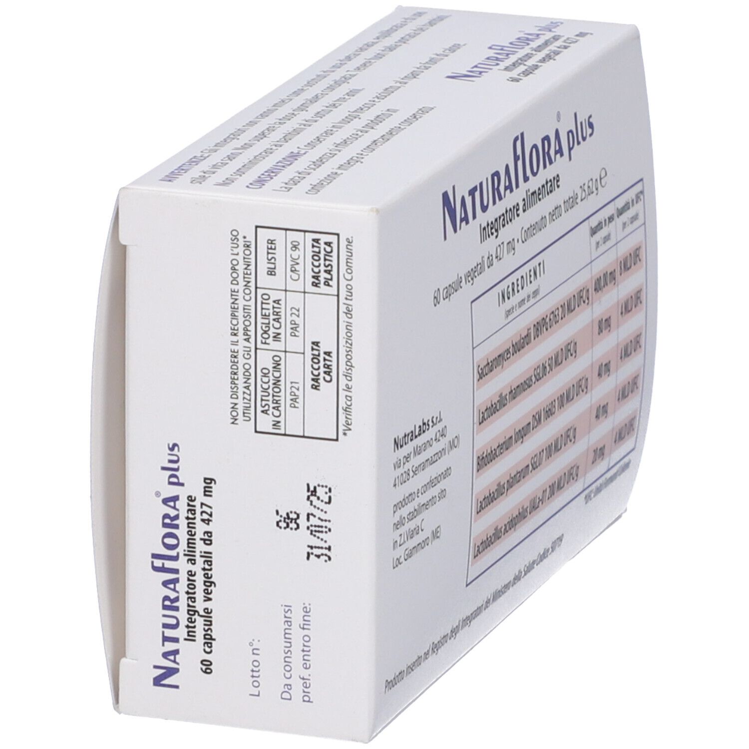Schachtel Naturaflora® Plus, 60 vegetarische Kapseln. Aufdruck mit Verfallsdatum 31/07/25. Enthält Informationen zur Entsorgung.