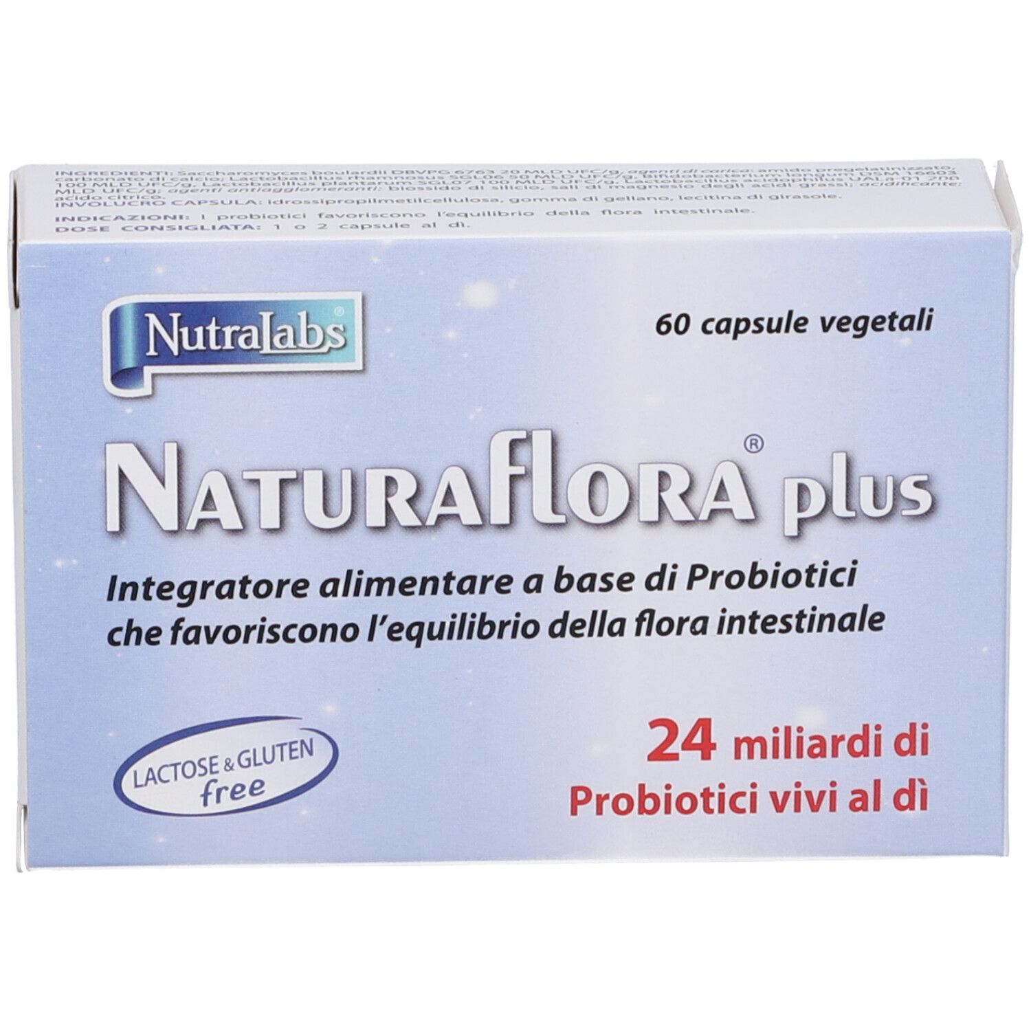 Schachtel mit Naturaflora® Plus. 60 vegetarische Kapseln. Enthält 24 Milliarden lebende Probiotika pro Tag. Laktose- und glutenfrei.
