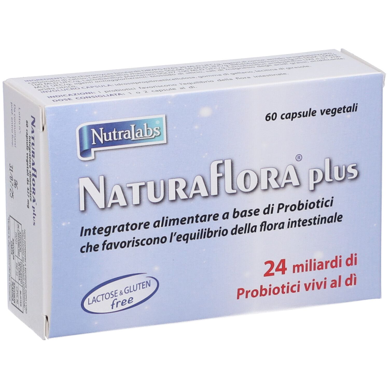 Schachtel mit Naturaflora® Plus. 60 vegetarische Kapseln. Enthält 24 Milliarden lebende Probiotika pro Tag. Laktose- und glutenfrei.