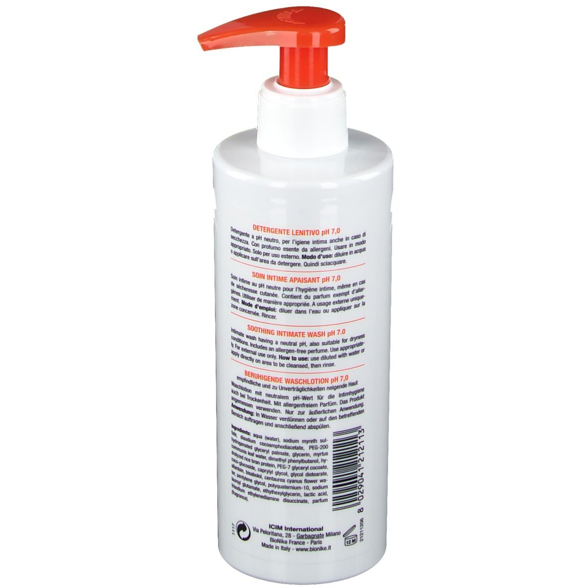 Flacon blanc avec pompe rouge. Inscription: TRIDERM INTIMATE, pH 7,0. Texte en italien, français et anglais. Marque: BioNike.