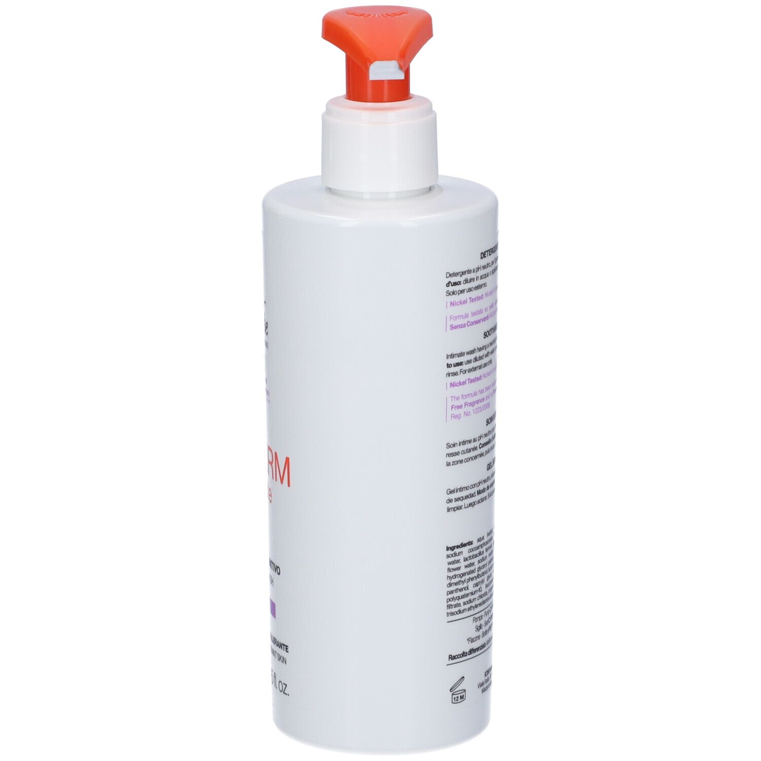 Weiße Flasche, Seitenansicht. Aufschrift: TRIDERM Intimate. Text auf Italienisch. Orangefarbener Pumpkopf. Marke: BioNike.