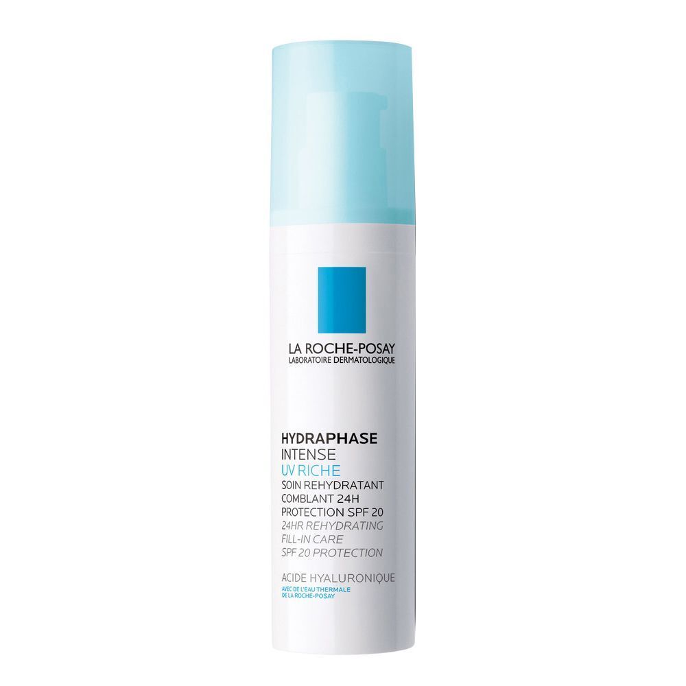 Flacon blanc et bleu clair. Inscriptions: LA ROCHE-POSAY, HYDRAPHASE UV RICHE, SPF 20. Flacon debout.