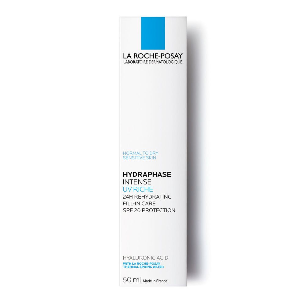 Emballage blanc avec bande bleue. Inscriptions: HYDRAPHASE UV RICHE, SPF 20, 50 ml. Pour peaux normales à sèches.