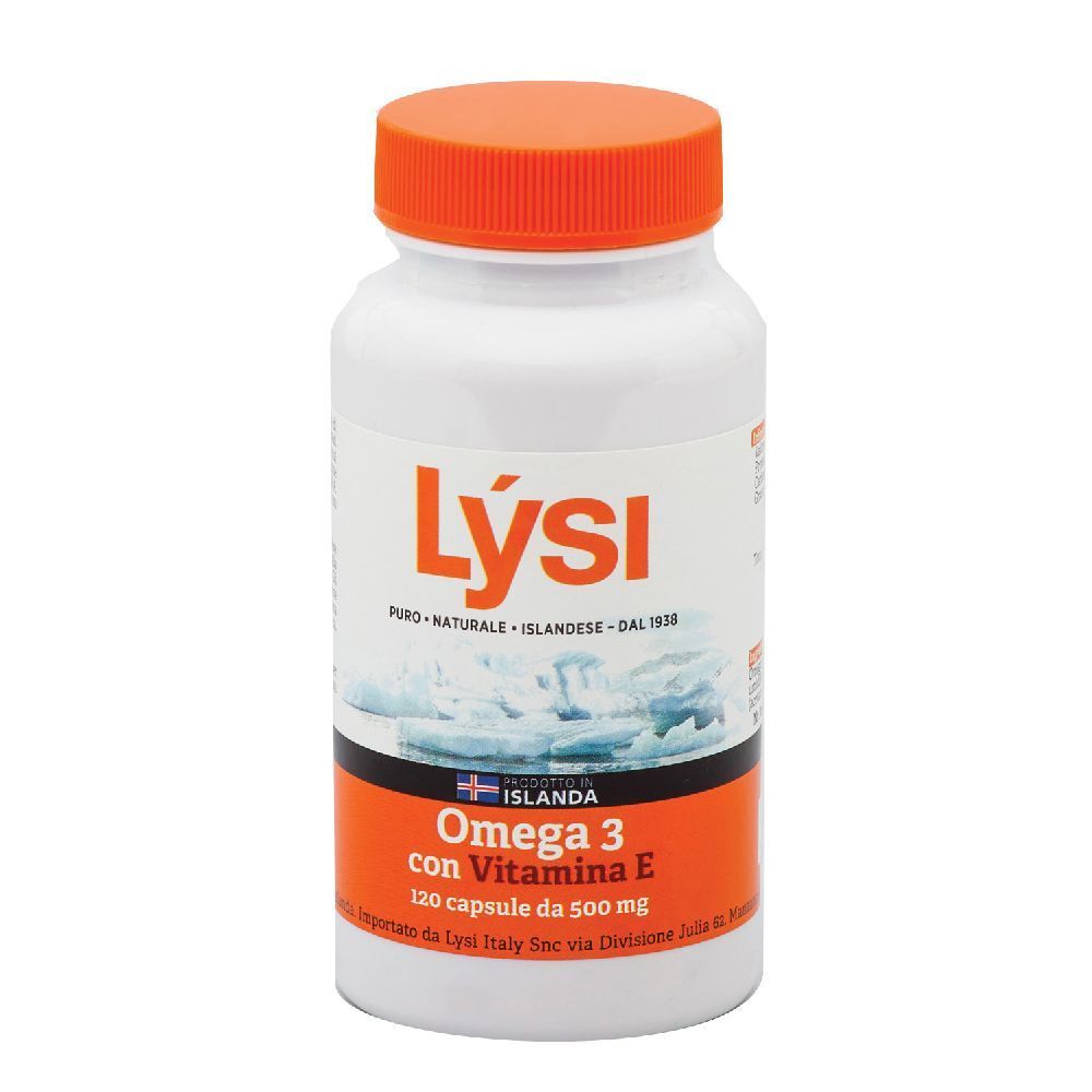 Weiße Flasche mit orangefarbenem Deckel. Aufschrift: Lysi, Omega 3 con Vitamina E, 120 Kapseln.